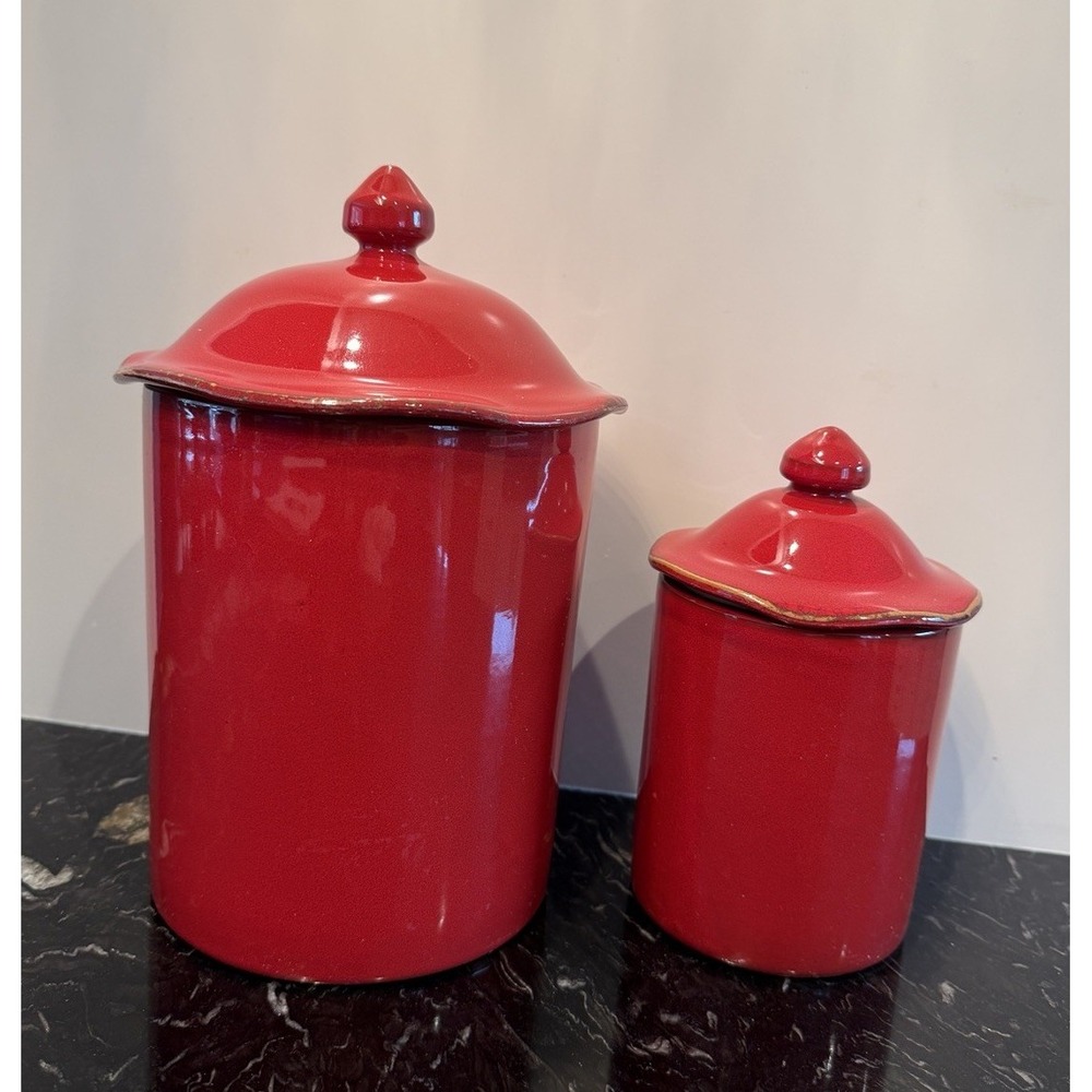 Vintage Vietri Ceramic Canisters Set of 2 Red w/Lids Made In Italy 7.5" And 5"